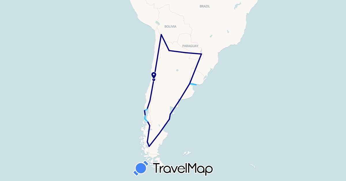 TravelMap itinerary: driving, boat in Argentina, Bolivia, Chile, Uruguay (South America)